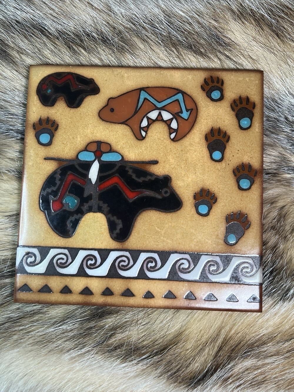 Vintage Masterworks Southwest Bear Paw Ceramic Tile Trivet 1999 6x6 Desert